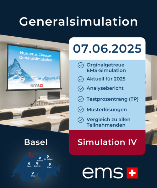 EMS Generalprobe 2025 am 07. Juni in Basel – Originalgetreue EMS-Testsimulation mit Analysebericht, Testprozentrang und Musterlösungen. Simulation IV, aktuell für 2025. Inklusive Vergleich zu allen Teilnehmenden.