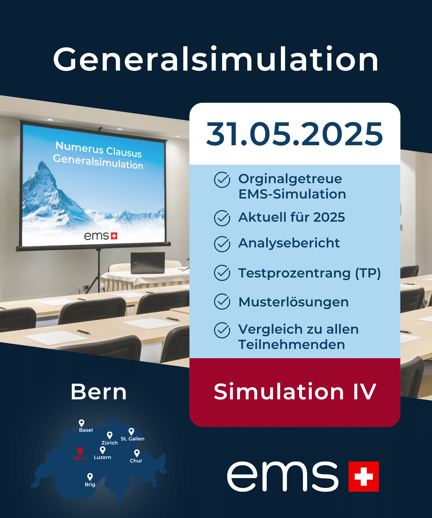 EMS Generalprobe 2025 am 31.Mai in Bern – Originalgetreue EMS-Testsimulation mit Analysebericht, Testprozentrang und Musterlösungen. Simulation V, aktuell für 2025. Inklusive Vergleich zu allen Teilnehmenden.