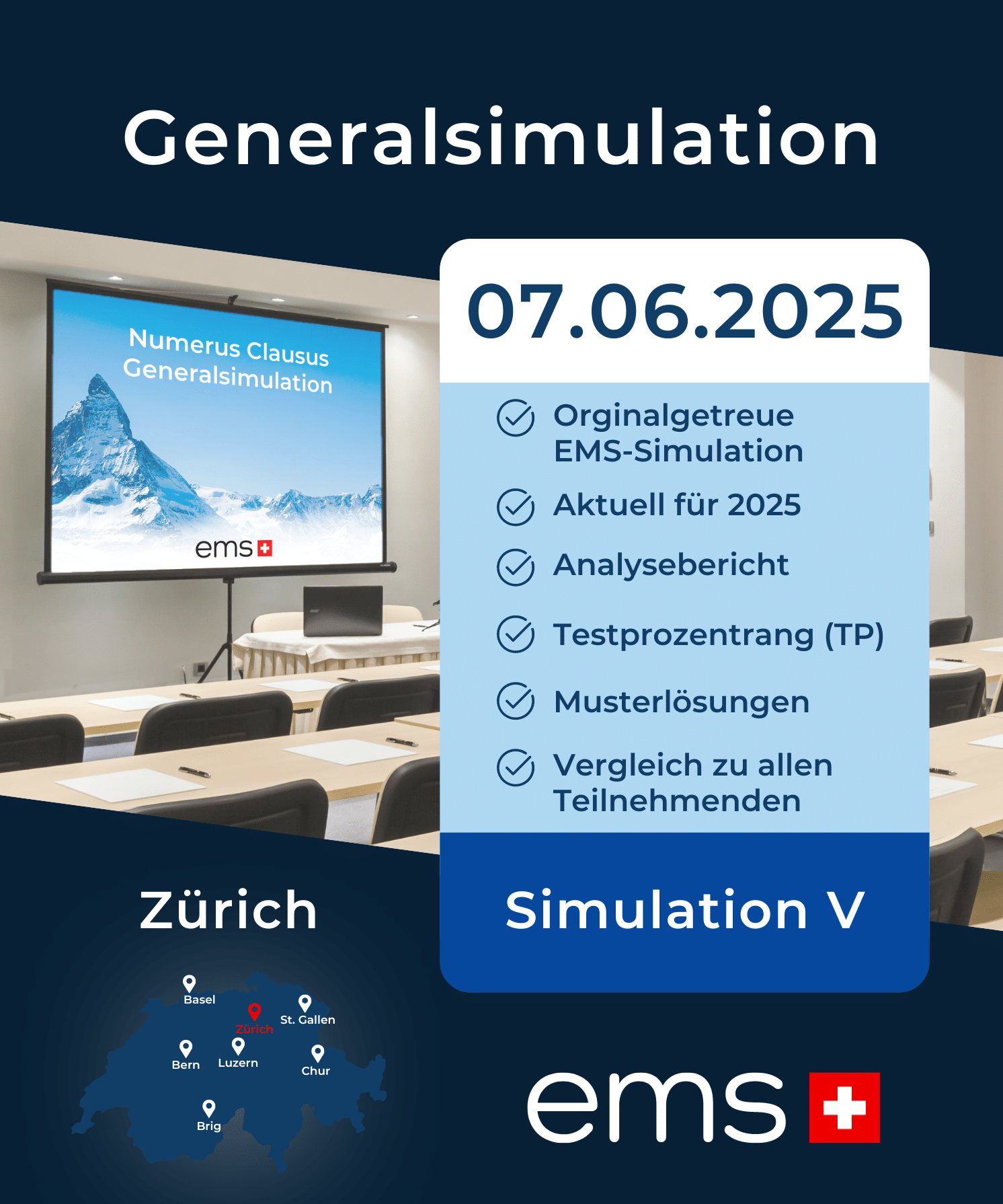 EMS Generalprobe 2025 am 07. Juni in Zürich – Originalgetreue EMS-Testsimulation mit Analysebericht, Testprozentrang und Musterlösungen. Simulation V, aktuell für 2025. Inklusive Vergleich zu allen Teilnehmenden.